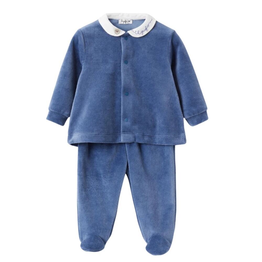 IL GUFO VELOUR TWO PIECE BABY SET WITH EMBROIDERY BLUE SIZE 12 Month NWT